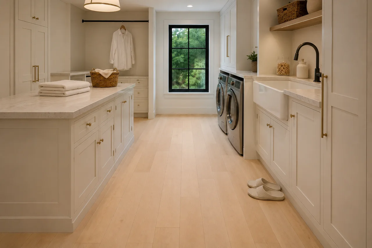Bright farmhouse laundry room with pale-oak waterproof LVP flooring
