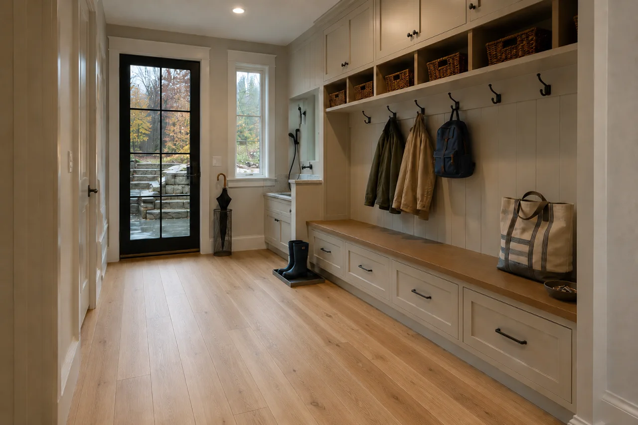 Mudroom with built-in bench, coat hooks, and light-oak waterproof LVP flooring