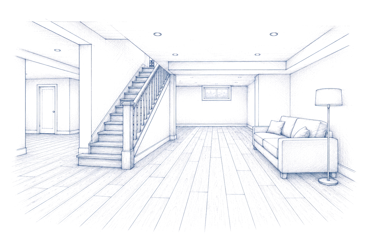 Line illustration of a refinished basement with a staircase and waterproof plank flooring