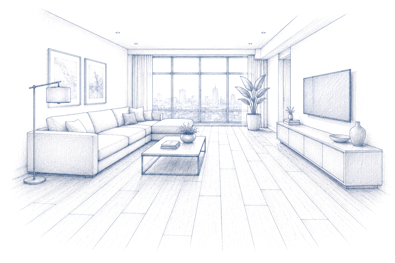 Line illustration of an apartment living room with a sectional sofa and waterproof plank flooring