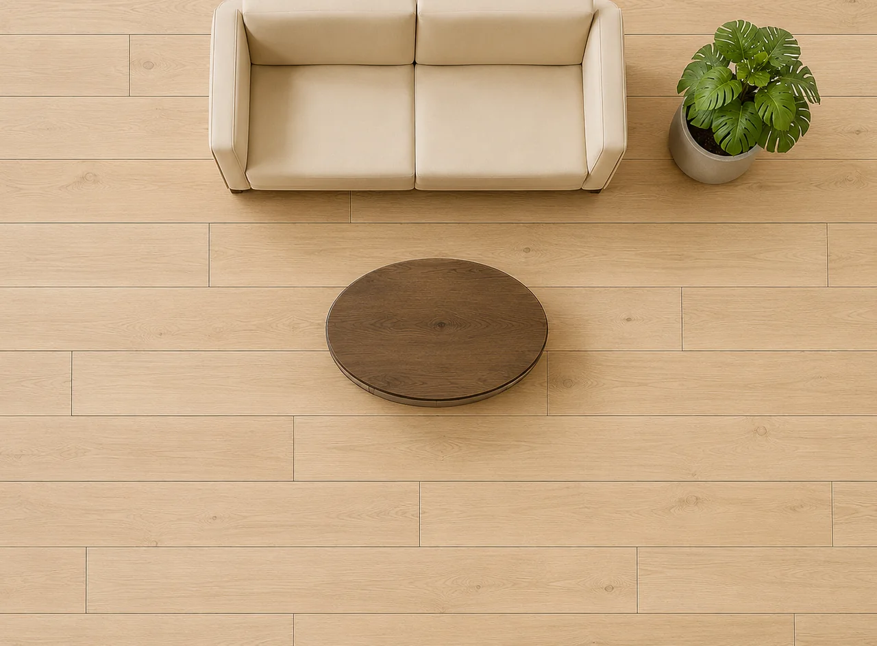 Top view of the same living room in mid-width planks — a balanced amount of board lines
