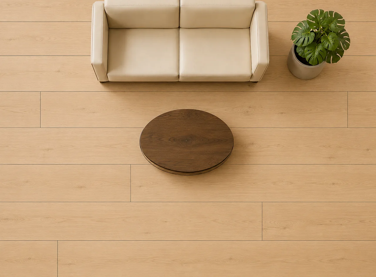 Top view of the same living room in wide, long planks — few board lines, calm and architectural